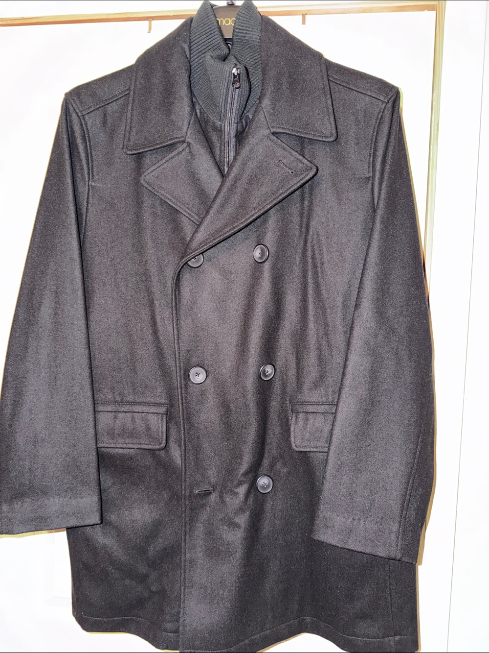 Claiborne Black Double-Breasted Wool Pea Coat with Ribbed Zip-In Collar